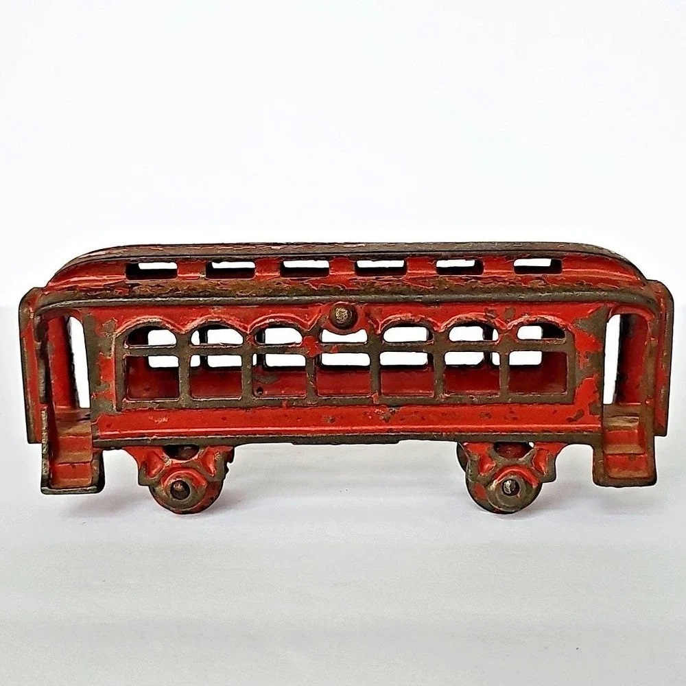 Vintage Cast Iron Red Trolley Car Toy Metal 1829